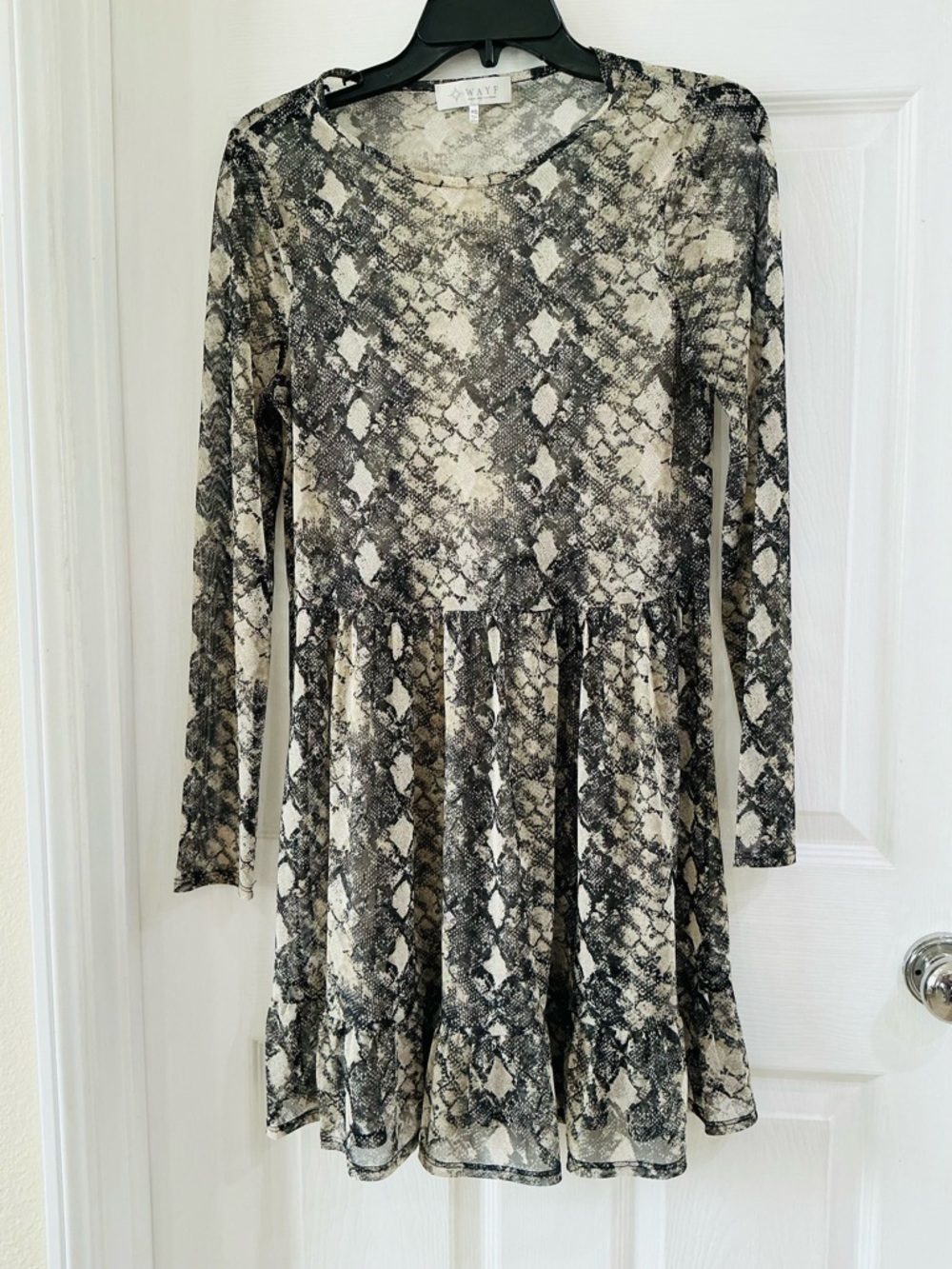Wayf Black and Cream Snake-Print Long Sleeve Skater Dress
